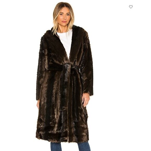 NWT $318 Revolve L'Academie 'The Fleurette' Brown Faux-Fur Belted Coat, SZ M - Picture 2 of 16